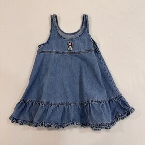 Vintage Jordache Denim Ruffle Jumper Dress Kids Size 3T Blue Puppy Embroidered
